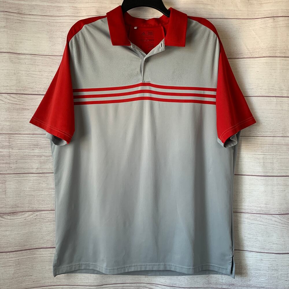 Adidas Climacool Gray Red Polo Striped Golf Shirt Short Sleeves Size L